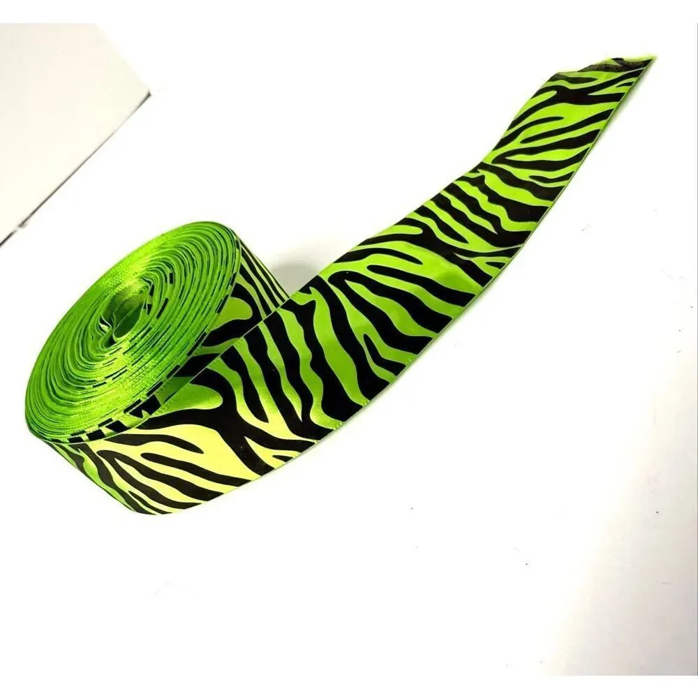 1.5” Neon Green Zebra Print Cloth Ribbon Full Roll Length Unk Craft Sewing Trim